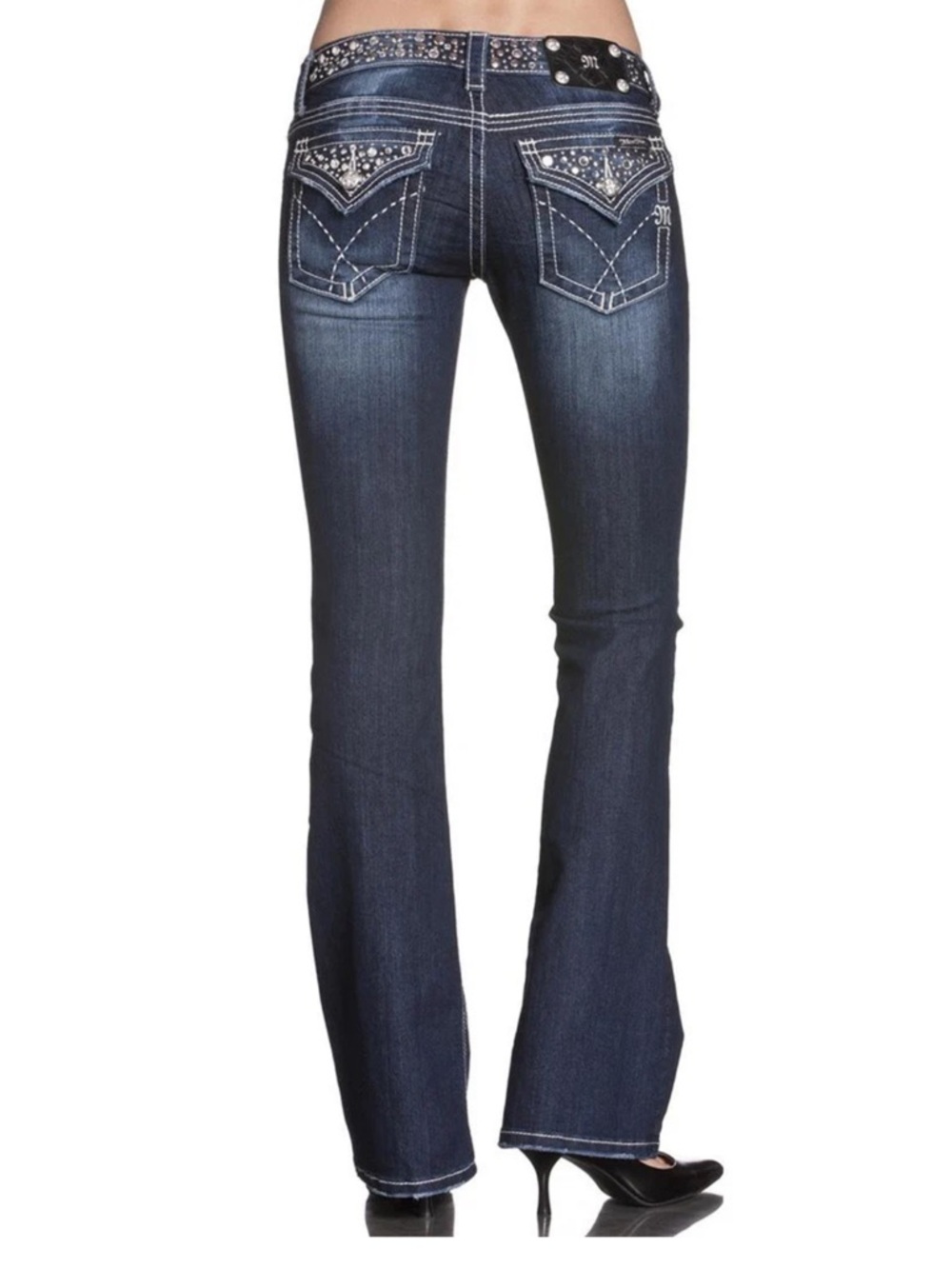 Miss Me Y2K stretch super low rise flare distressed jeans, western glam size 29